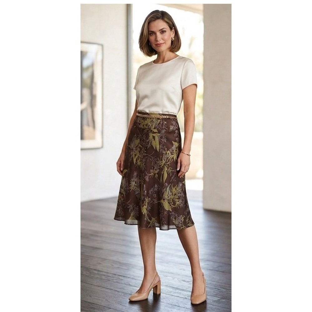 Calvin Klein 100% Silk Botanical Print A-Line Skirt 12 Brown Olive Green Floral